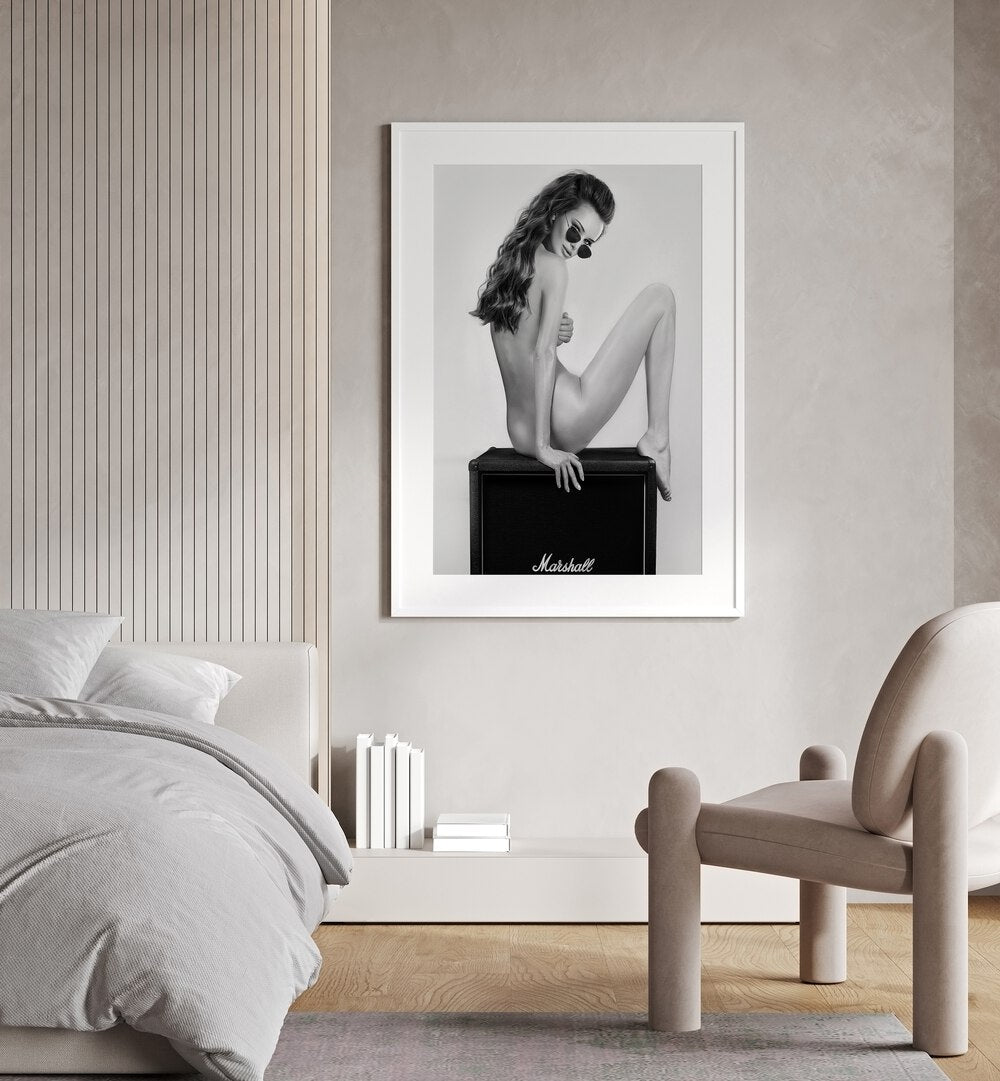 Turn Me on the Road by David Drake Fine Art Photography Fashion Photography in White Frame With Mount placed on a bedroom wall beside a bed