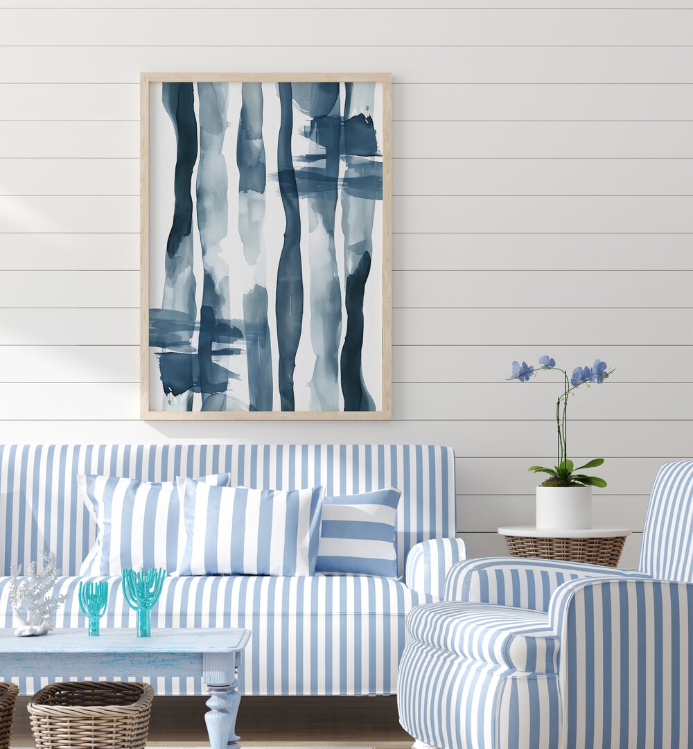 Turquoise Tides Beach Prints Coastal Wall Art in Oak Wood Plain Frame placed on a White Colored Wall in the Living Room