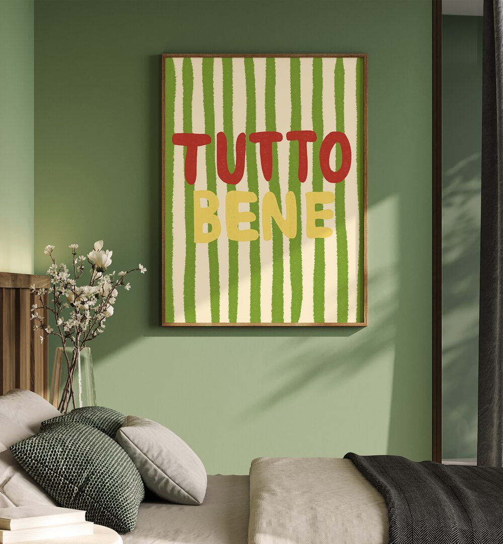 Tutto Bene by Studio Dolci Kitchen Posters in Oak Wood Plain Frame placed on a wall beside a bed for bedroom