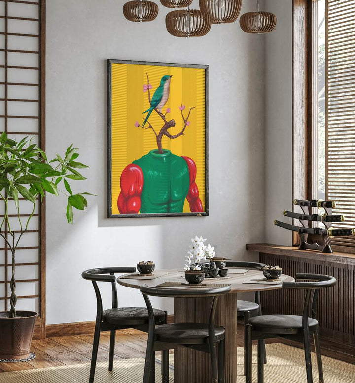 Tweety Mc Tweet Face by Famous When Dead Pop Art Paintings Pop Art Prints in Black Plain Frame placed on a wall behind a dining table and beside a window for dining area