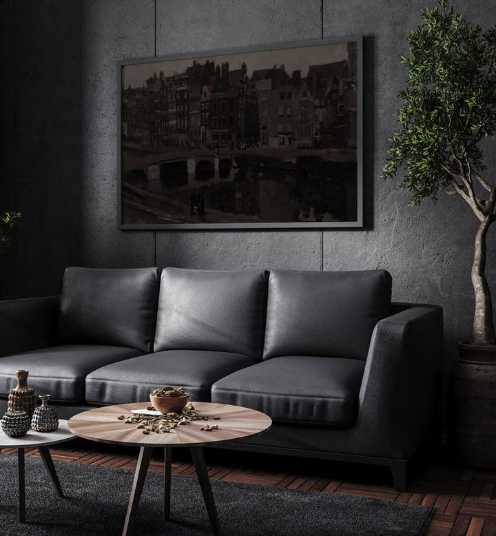 Twilight Veil Enshrouded In Gothic Grace Gothic Art Prints in Black Plain Frame hanging on a wall above black leather couch beside a plant.