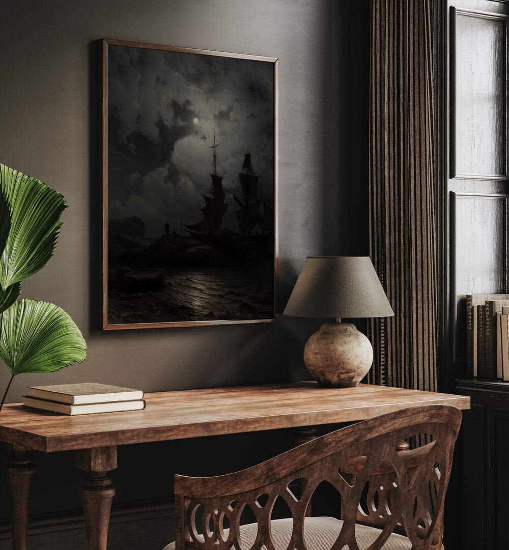 Twilight Voyages Ships Sailing Into The Unknown Gothic Art Prints in Oak Wood Plain Frame hanging on wall above study table beside a window.