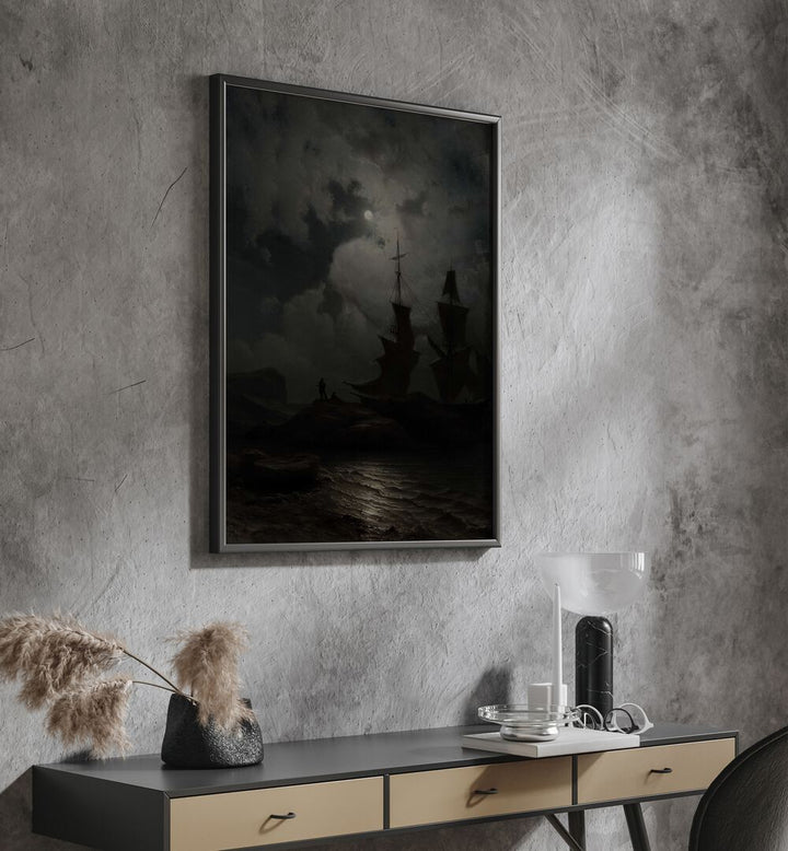 Twilight Voyages Ships Sailing Into The Unknown Gothic Art Prints in Black Plain Frame hanging on wall above console table.