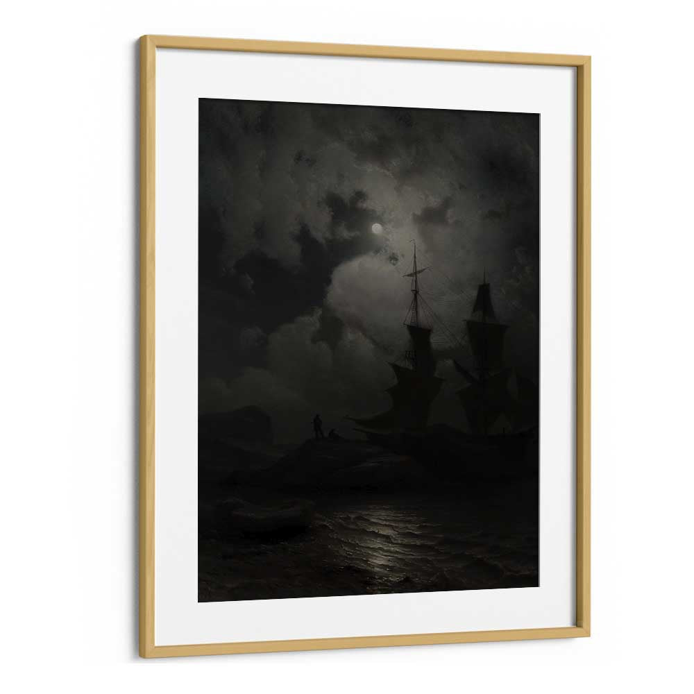 Twilight Voyages Ships Sailing Into The Unknown Gothic Art Prints in Oak Wood Frame With Mount