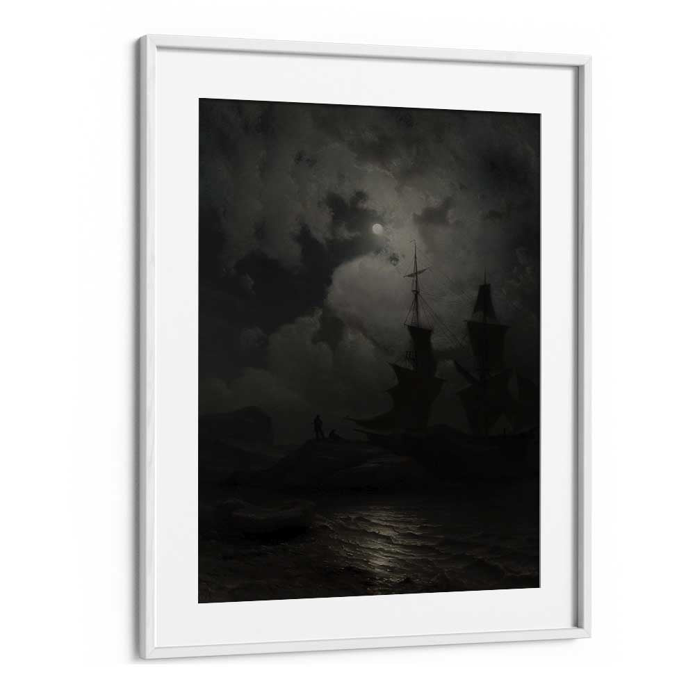 Twilight Voyages Ships Sailing Into The Unknown Gothic Art Prints in White Frame With Mount