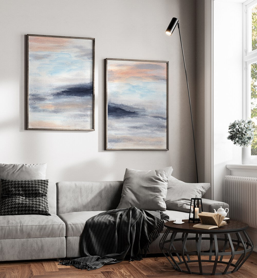 Transform your space with the TWILIGHT HORIZONS SET, SET OF 2 PAINTINGS featuring serene abstract landscapes.