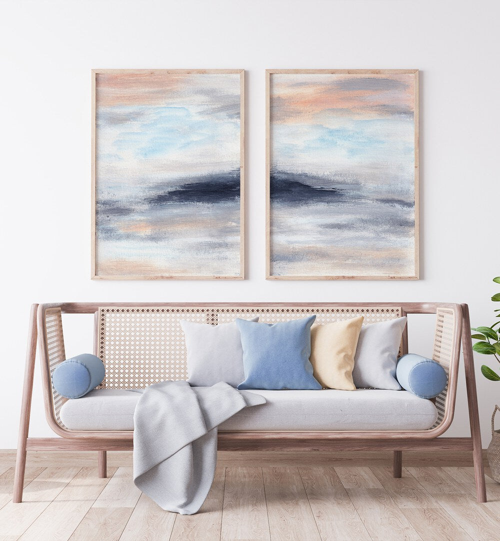 Stylish TWILIGHT HORIZONS SET, SET OF 2 PAINTINGS complement a modern living space with serene colors.