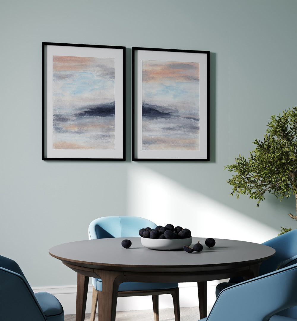Stylish dining area featuring the TWILIGHT HORIZONS SET, SET OF 2 PAINTINGS, enhancing modern decor.