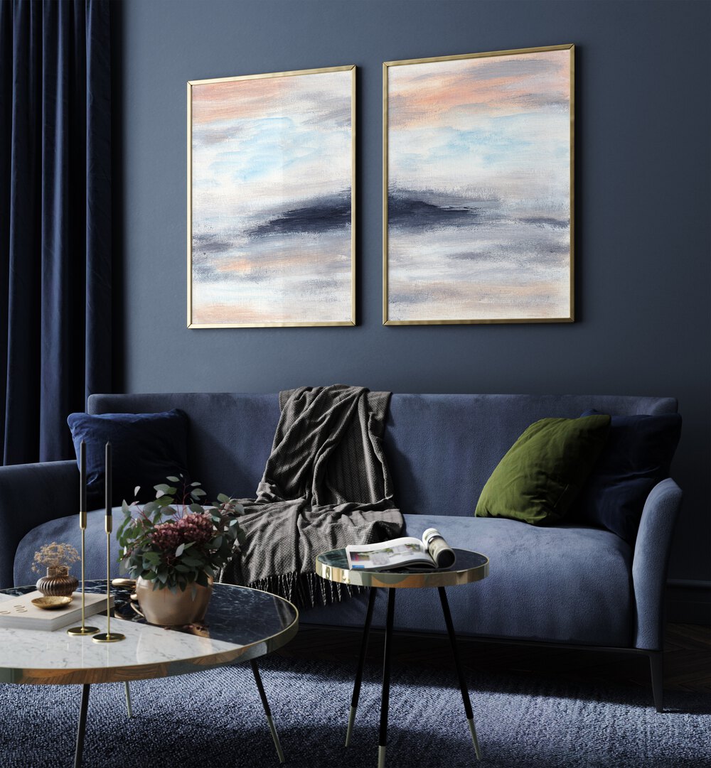 Stylish living room featuring the TWILIGHT HORIZONS SET, SET OF 2 PAINTINGS on a dark wall. Perfect for modern decor.