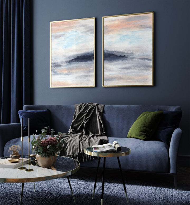 Stylish living room featuring the TWILIGHT HORIZONS SET, SET OF 2 PAINTINGS on a dark wall. Perfect for modern decor.