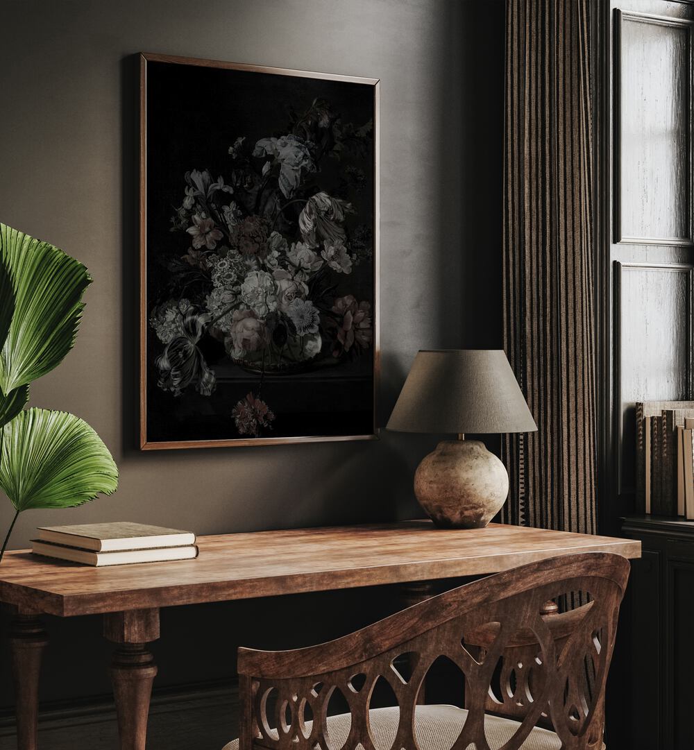 Twilight's Trellis Gothic Wall Art Prints in Oak Wood Plain Frame hanging on wall above study table beside a window.