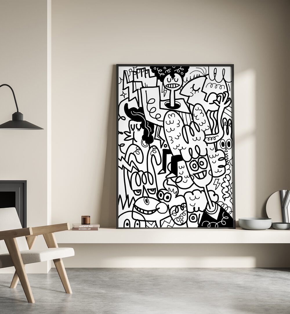 Twisted Tangles Doodle Art Painting in Black Plain Frame it is placed on the wall stand beside the chair.