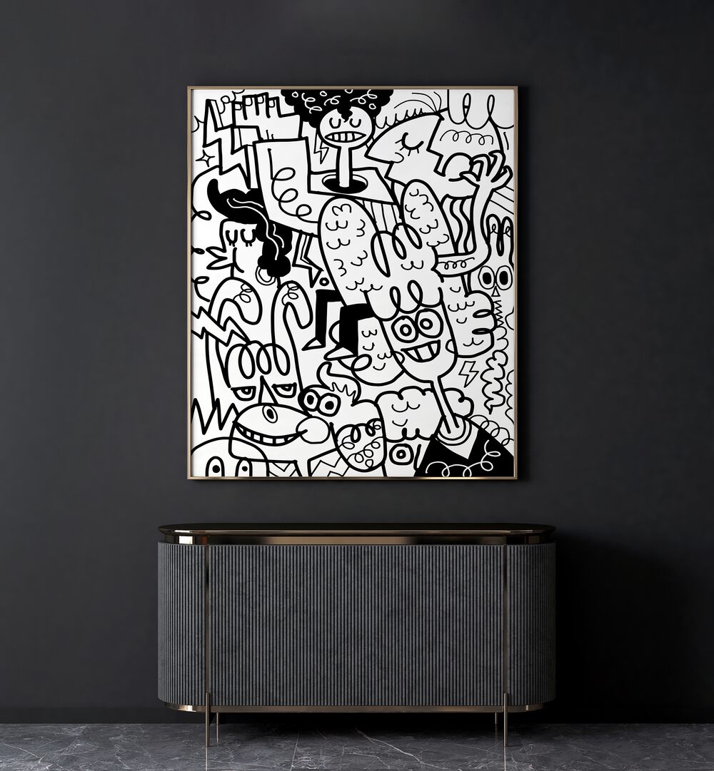 Twisted Tangles Doodle Art Painting in Oak Wood Plain Frame it is placed on the wall behind the table.