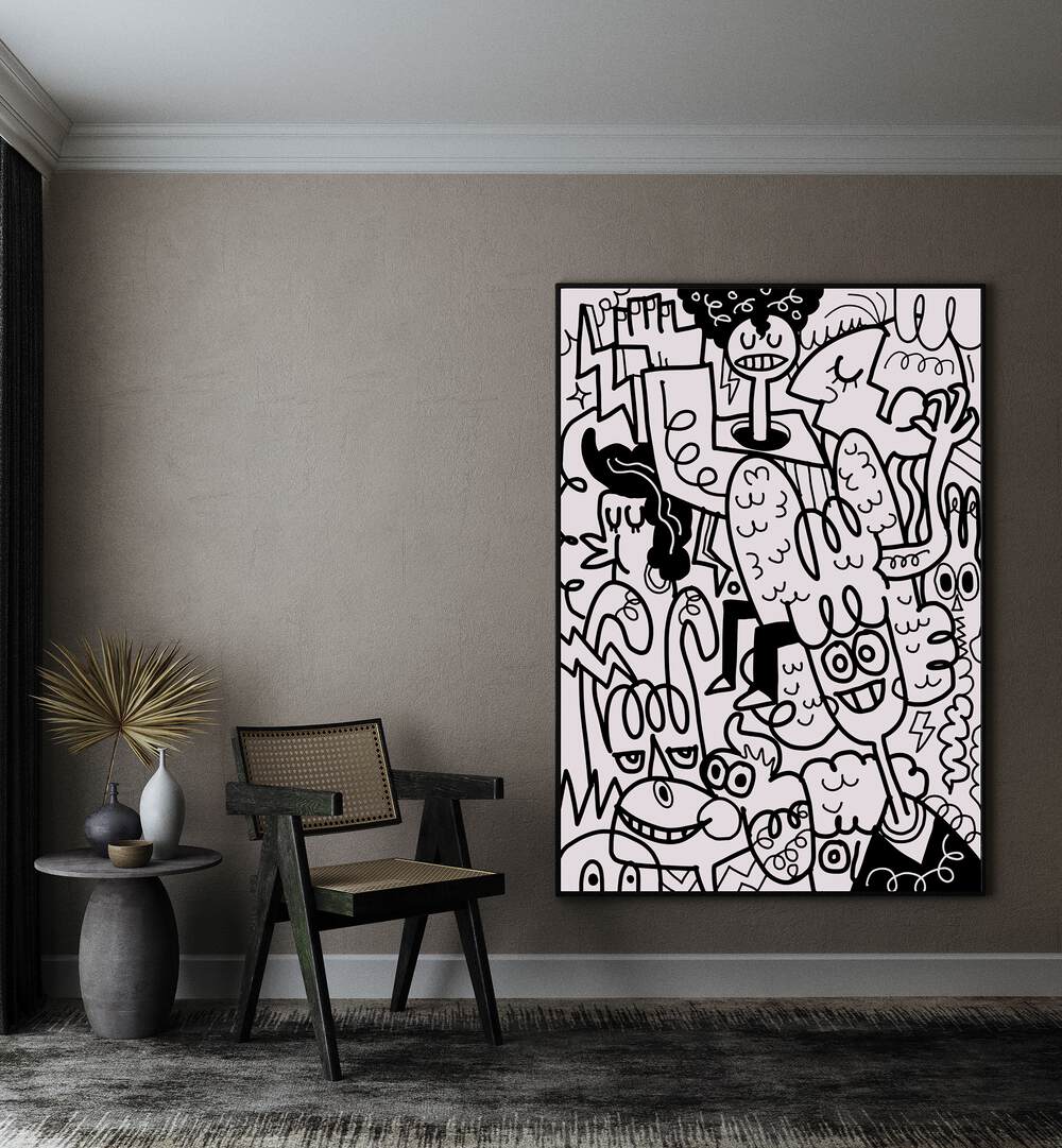 Twisted Tangles Doodle Art Painting in Black Plain Frame it is placed on the wall beside the chair.