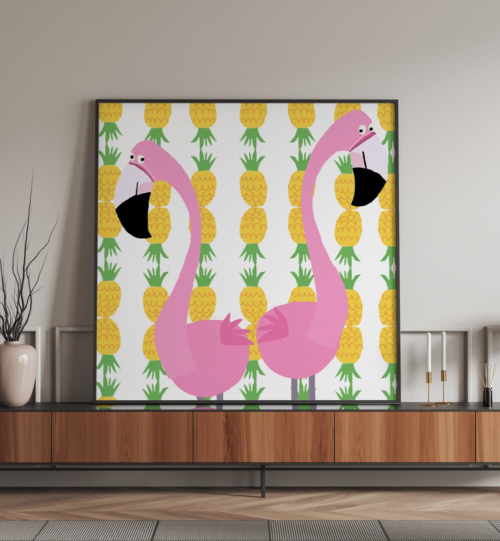 Two Falmingos With Pineapples By Carla Daly Kids Room Art  placed on a wall