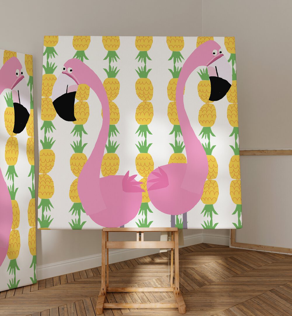 Two Falmingos With Pineapples By Carla Daly Kids Room Art  placed on a wall