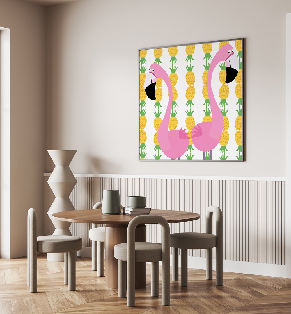 Two Falmingos With Pineapples By Carla Daly Kids Room Art  placed on a wall
