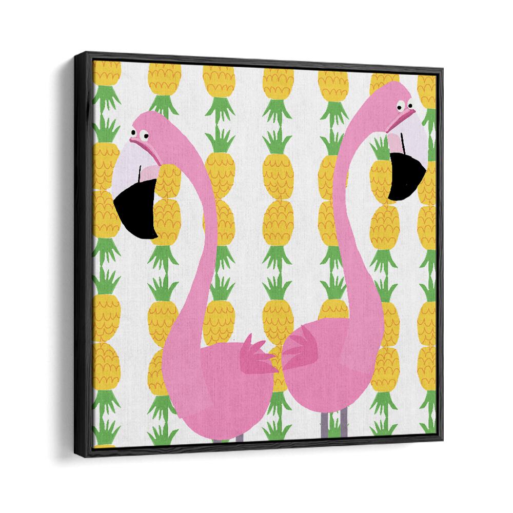 Two Falmingos With Pineapples By Carla Daly Kids Room Art in Black Floater Frame