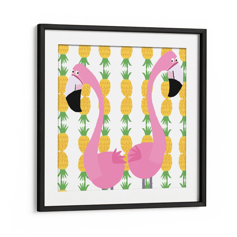 Two Falmingos With Pineapples By Carla Daly Kids Room Art in Black Frame With Mount