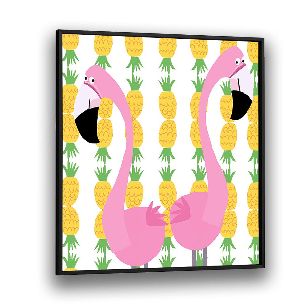 Two Falmingos With Pineapples By Carla Daly Kids Room Art in Black Plain Frame