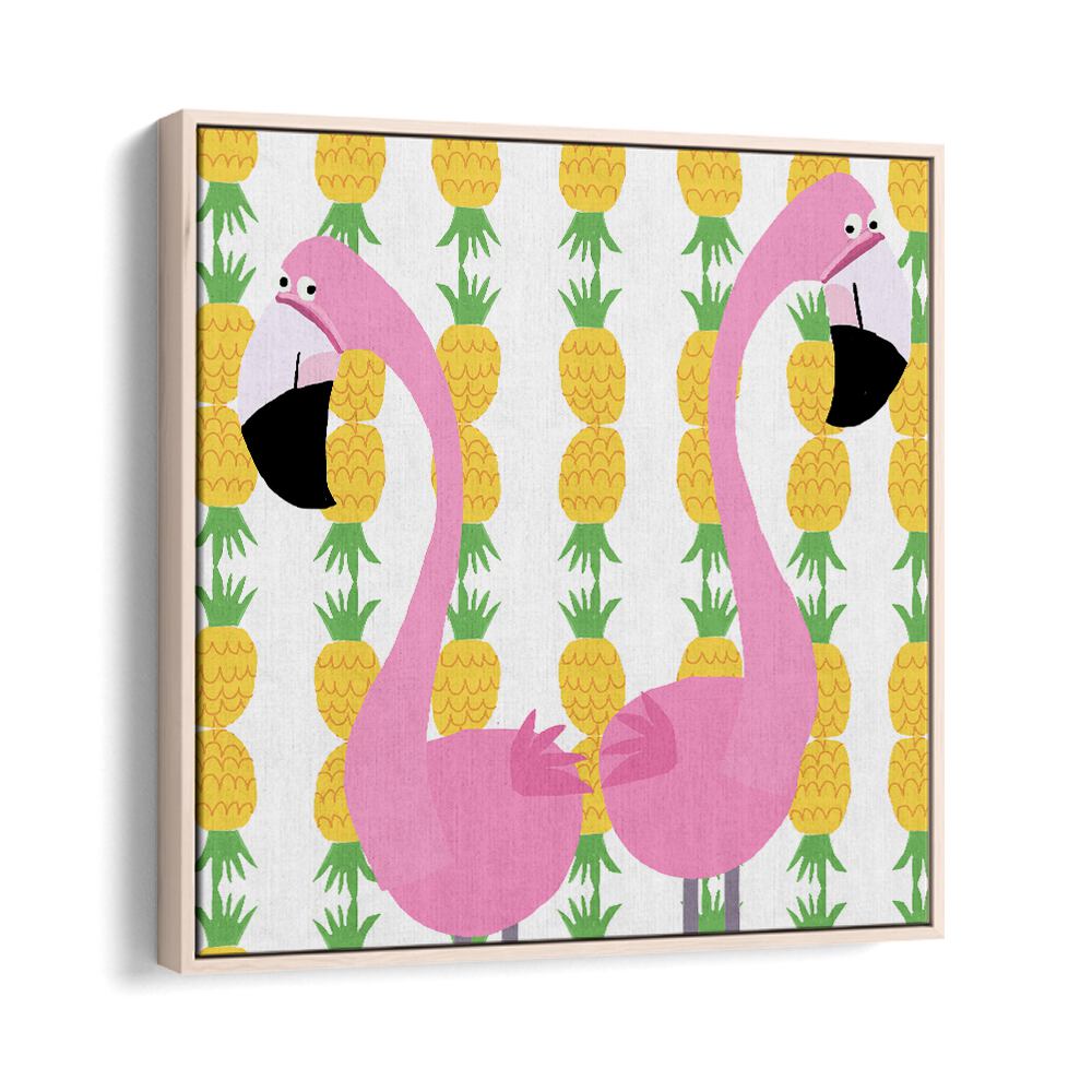 Two Falmingos With Pineapples By Carla Daly Kids Room Art in Oak Wood Floater Frame