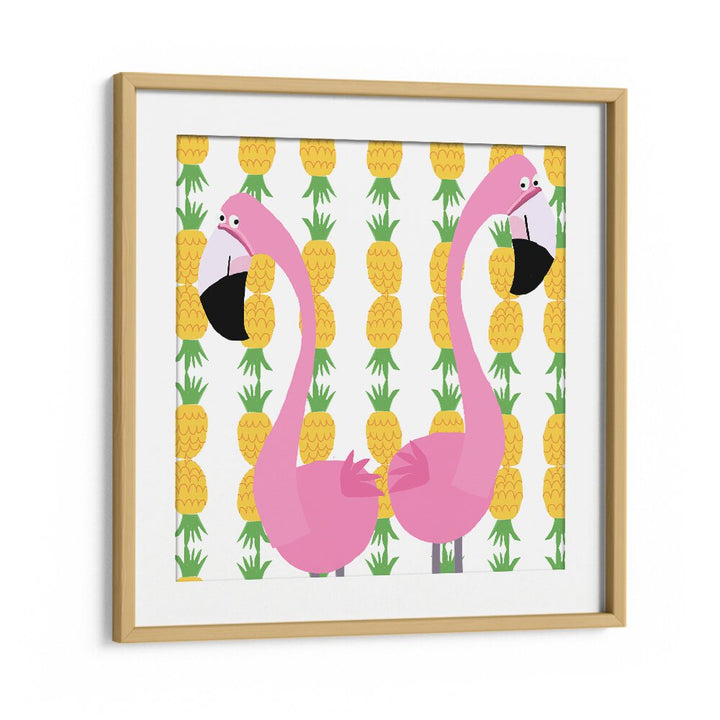 Two Falmingos With Pineapples By Carla Daly Kids Room Art in Oak Wood Frame With Mount