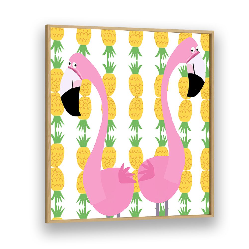 Two Falmingos With Pineapples By Carla Daly Kids Room Art in Oak Wood Plain Frame