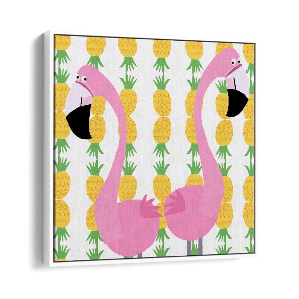 Two Falmingos With Pineapples By Carla Daly Kids Room Art in White Floater Frame