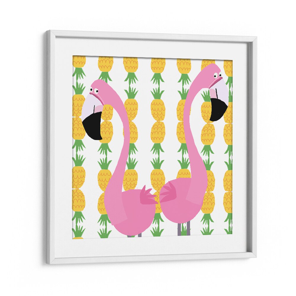 Two Falmingos With Pineapples By Carla Daly Kids Room Art in White Frame With Mount