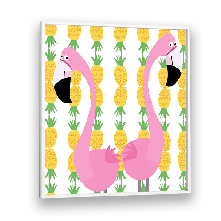 Two Falmingos With Pineapples By Carla Daly Kids Room Art in White Plain Frame