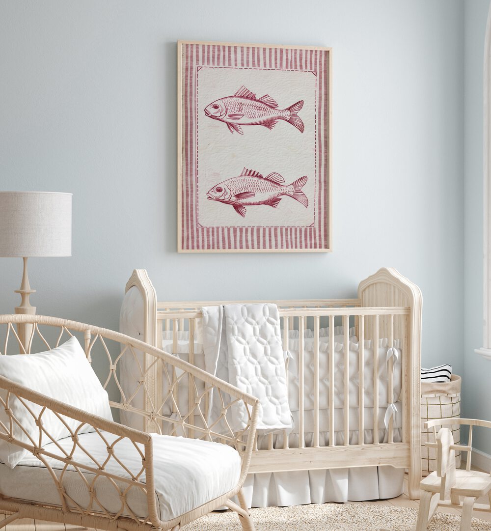 Two Fish And A Box Kids Room Paintings Kids Room Wall Art in Oak Wood Plain Frame placed on a wall in a kids room behind an infant's bed