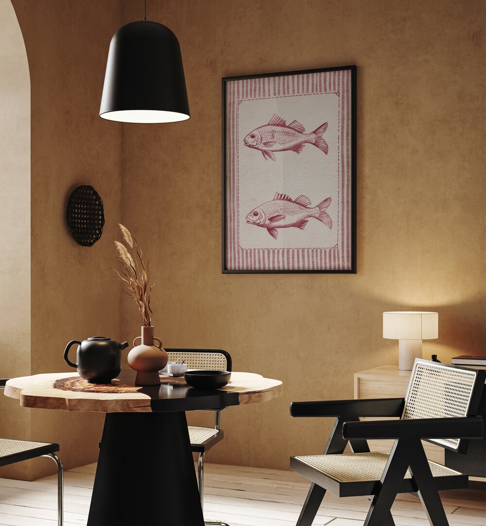 Two Fish And A Box Kids Room Paintings Kids Room Wall Art in Black Plain Frame placed on a wall behind a dining table and beside a window for dining area