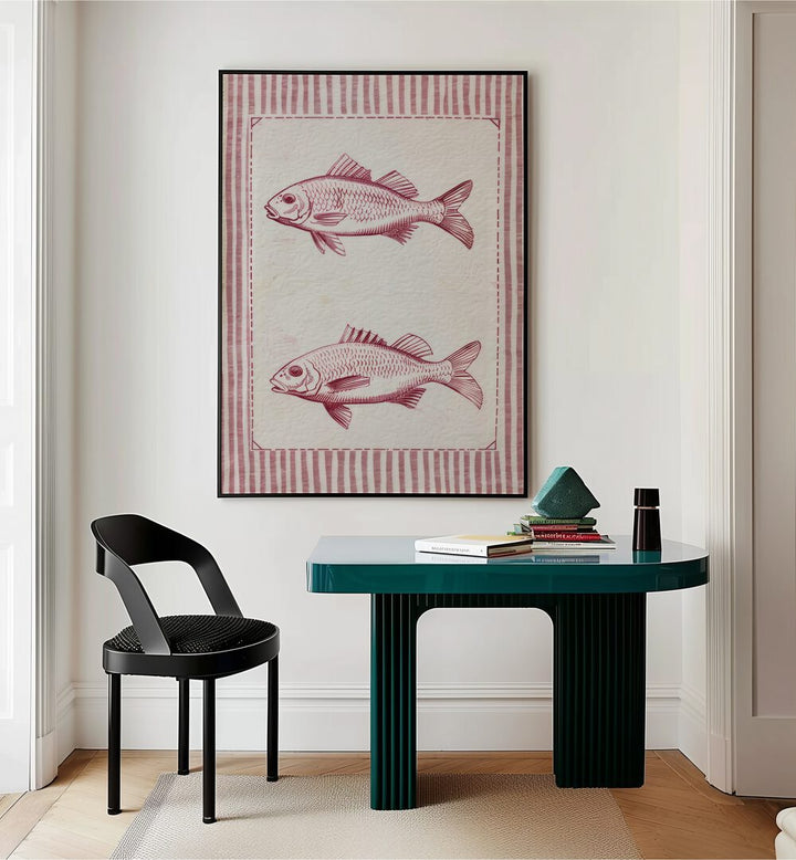 Two Fish And A Box Kids Room Paintings Kids Room Wall Art in Black Plain Frame placed on a wall behind a study table