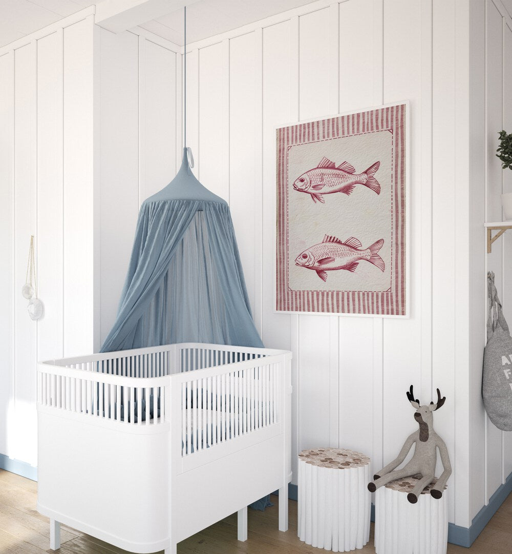 Two Fish And A Box Kids Room Paintings Kids Room Wall Art in White Plain Frame placed on a wall in a kids room beside an infant's bed