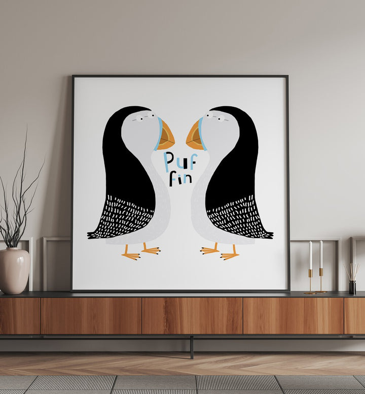 Two Puffins With Hand Drawn Text By Carla Daly Kids Room Art placed on a wall