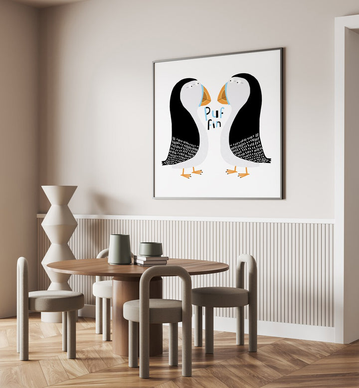 Two Puffins With Hand Drawn Text By Carla Daly Kids Room Art placed on a wall