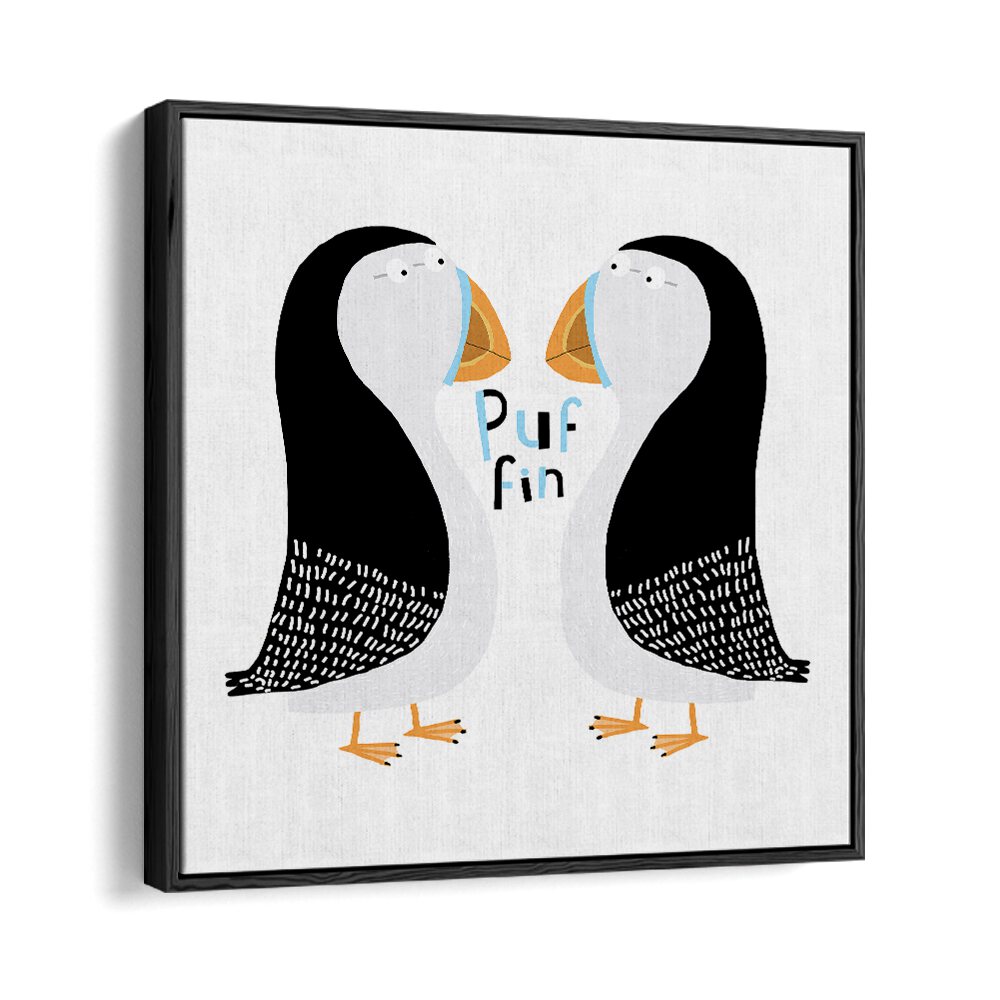 Two Puffins With Hand Drawn Text By Carla Daly Kids Room Art in Black Floater Frame