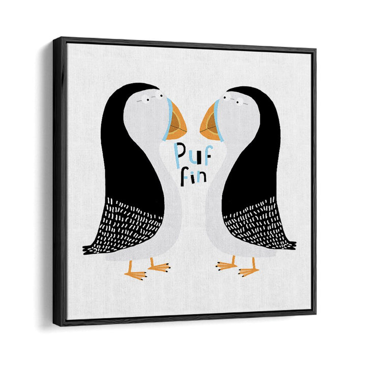 Two Puffins With Hand Drawn Text By Carla Daly Kids Room Art in Black Floater Frame