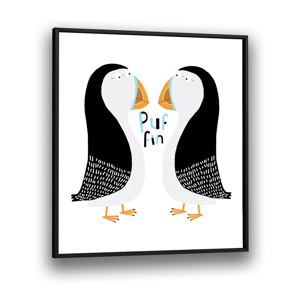 Two Puffins With Hand Drawn Text By Carla Daly Kids Room Art in Black Plain Frame