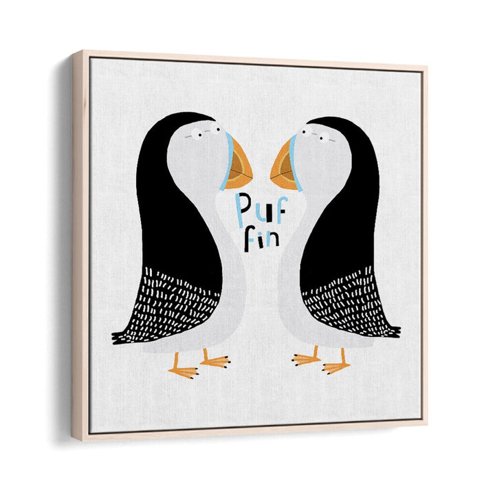 Two Puffins With Hand Drawn Text By Carla Daly Kids Room Art in Oak Wood Floater Frame