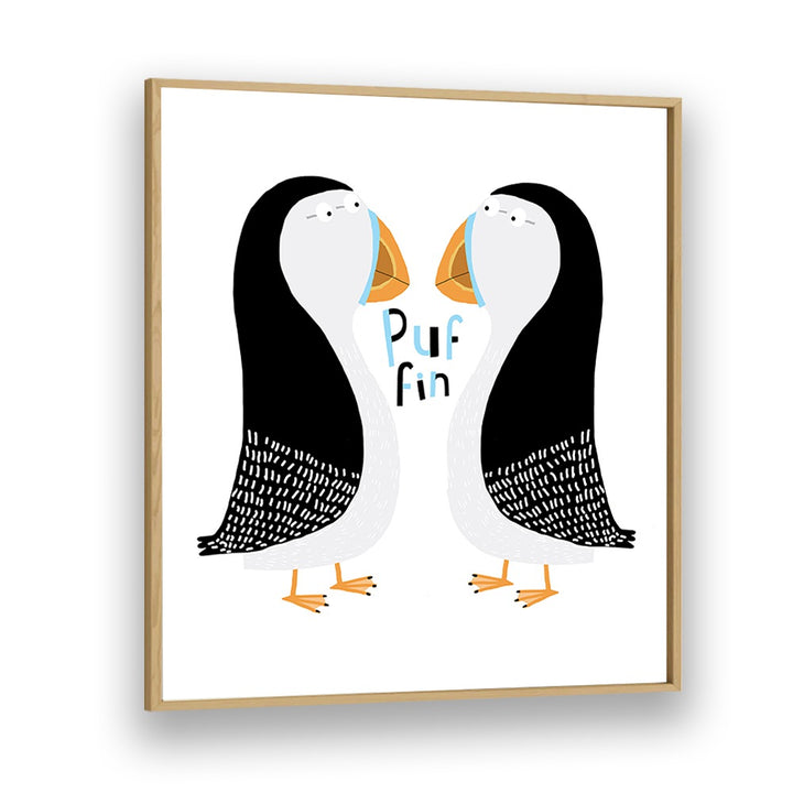 Two Puffins With Hand Drawn Text By Carla Daly Kids Room Art in Oak Wood Plain Frame