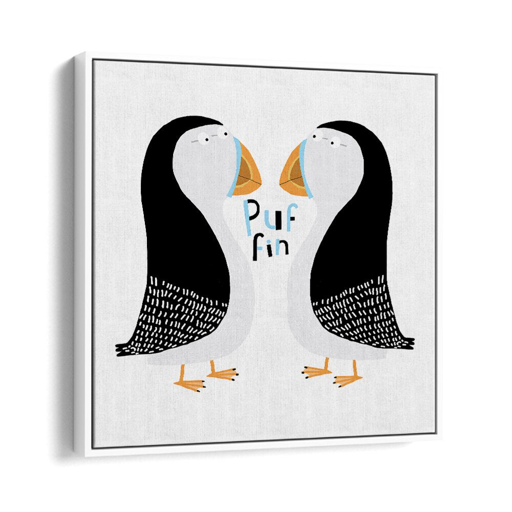 Two Puffins With Hand Drawn Text By Carla Daly Kids Room Art in White Floater Frame