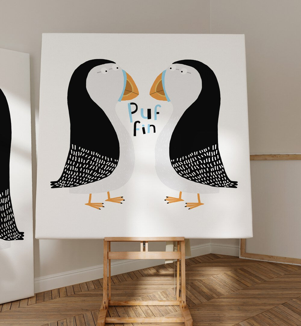 Two Puffins With Hand Drawn Text By Carla Daly Kids Room Art placed on a wall