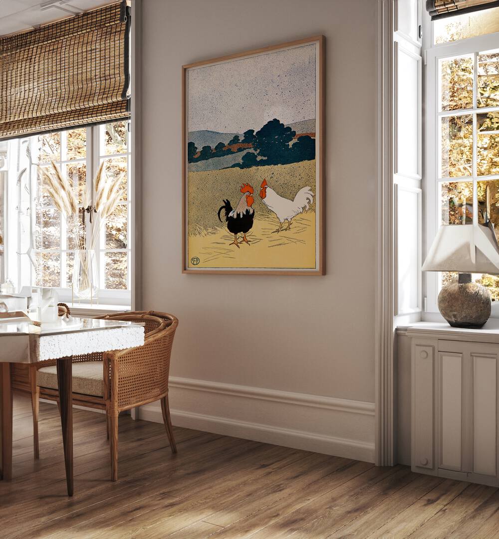 Two Roosters In A Field 1898 Vintage Paintings in Oak Wood Plain Frame placed on a  wall between windows behind a table