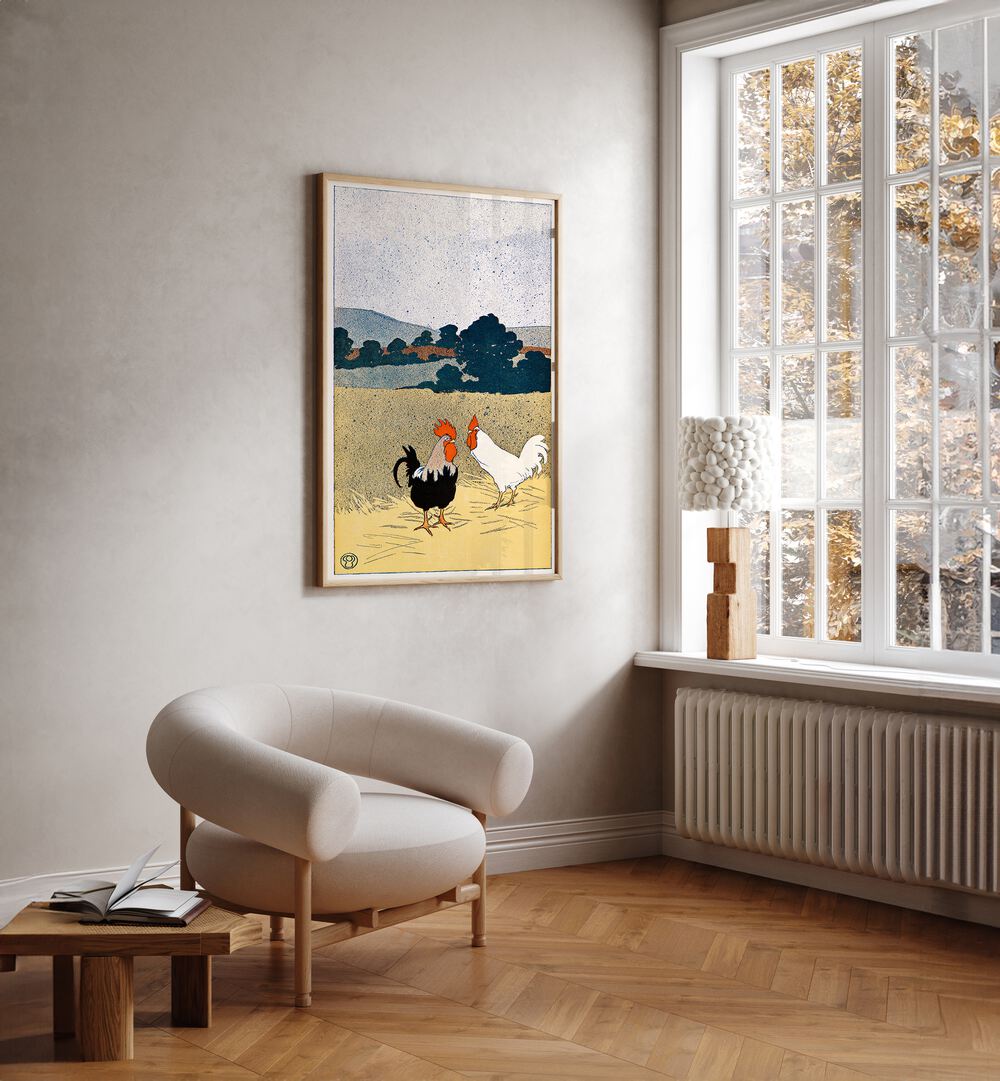 Two Roosters In A Field 1898 Vintage Paintings in Oak Wood Plain Frame placed on a white wall between a window and a chair