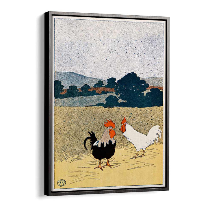 Two Roosters In A Field 1898 Vintage Paintings in Black Floater Frame