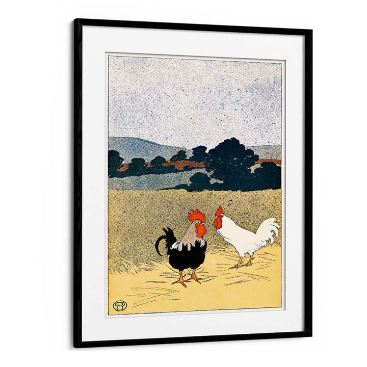 Two Roosters In A Field 1898 Vintage Paintings in Black Frame With Mount