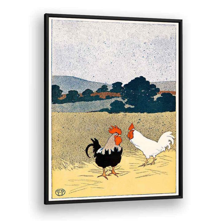 Two Roosters In A Field 1898 Vintage Paintings in Black Plain Frame