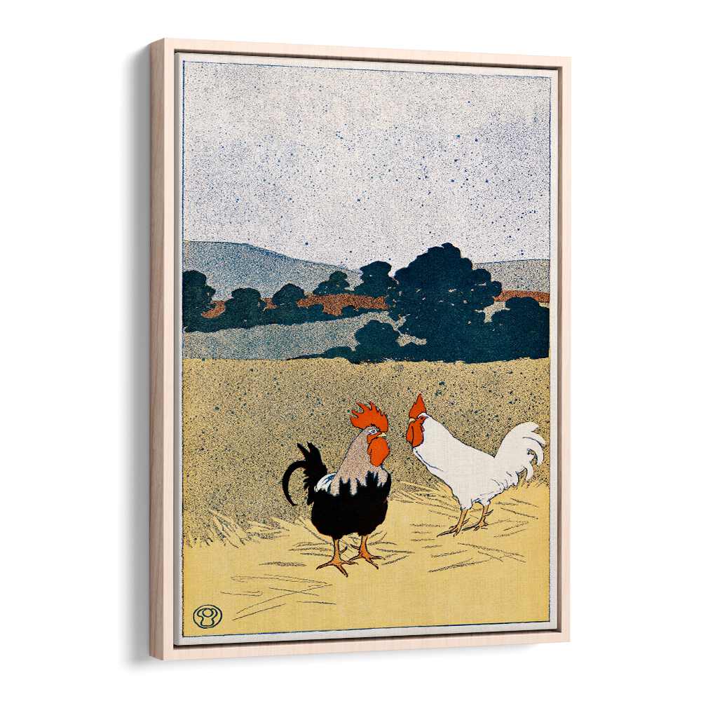 Two Roosters In A Field 1898 Vintage Paintings in Oak Wood Floater Frame