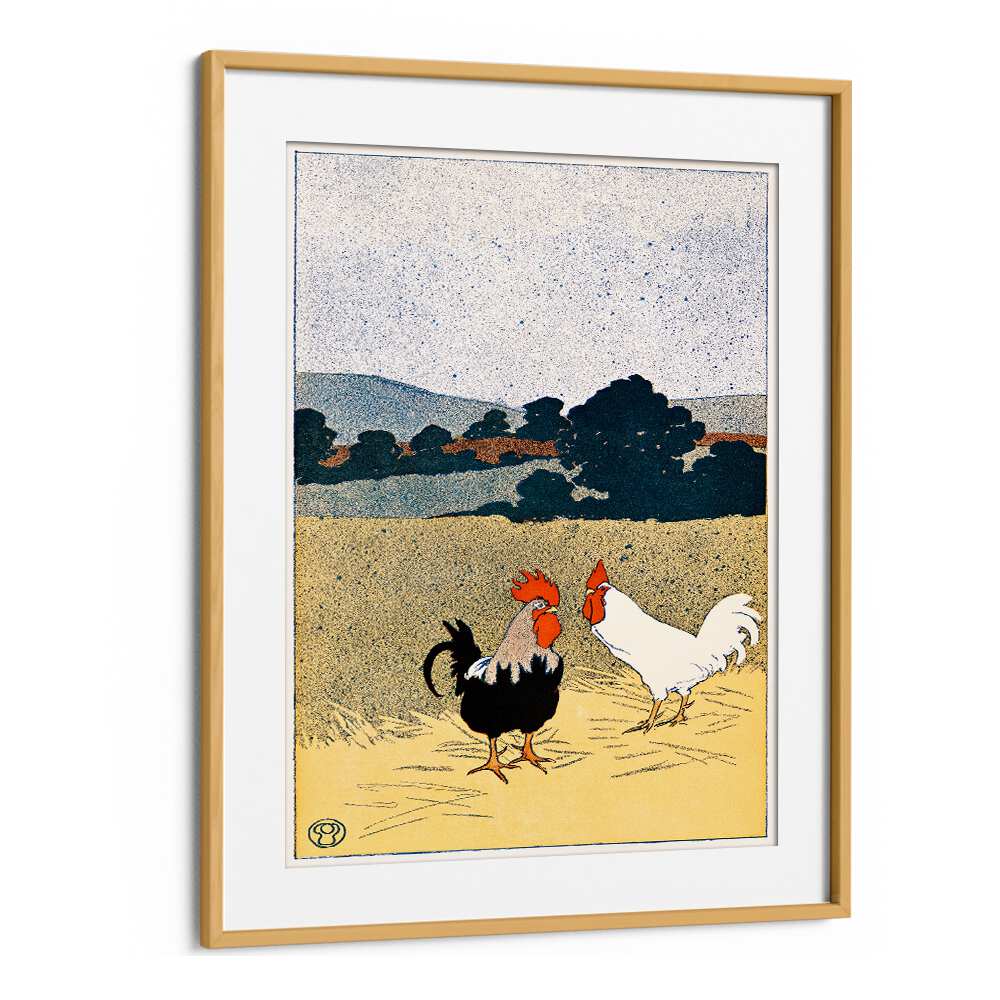 Two Roosters In A Field 1898 Vintage Paintings in Oak Wood Frame With Mount